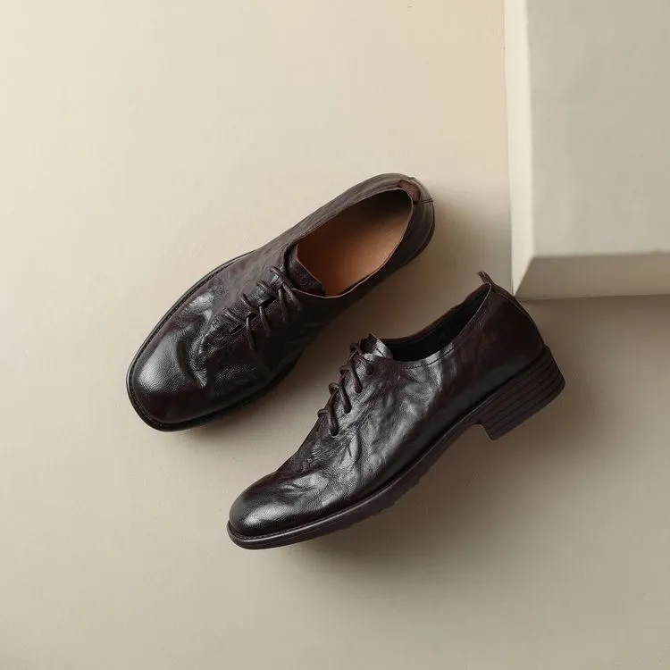 Slip-on lace-up style women's spring chunky heel mid-heel round toe deep-cut cowhide fashion shoes 1-15j