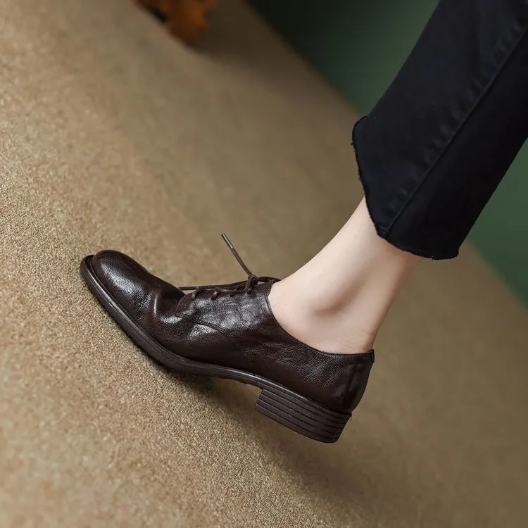 Slip-on lace-up style women's spring chunky heel mid-heel round toe deep-cut cowhide fashion shoes 1-15j