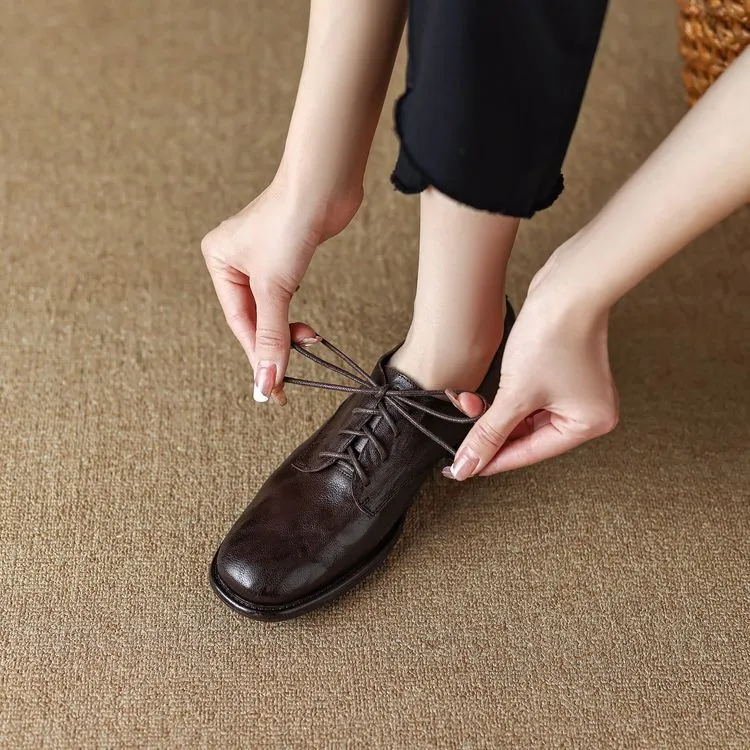 Slip-on lace-up style women's spring chunky heel mid-heel round toe deep-cut cowhide fashion shoes 1-15j