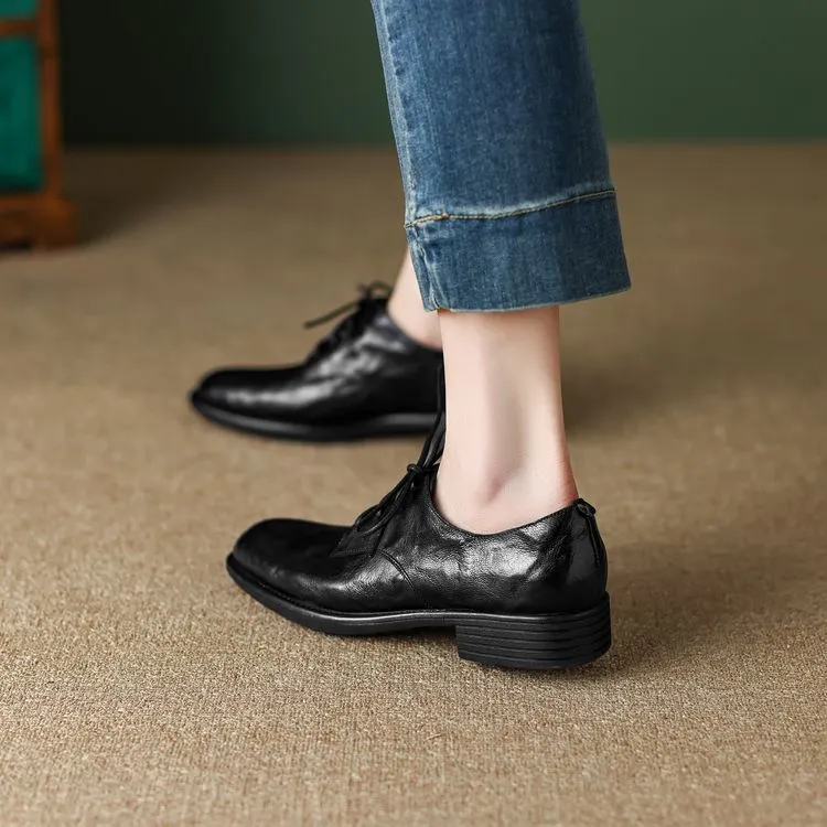 Slip-on lace-up style women's spring chunky heel mid-heel round toe deep-cut cowhide fashion shoes 1-15j