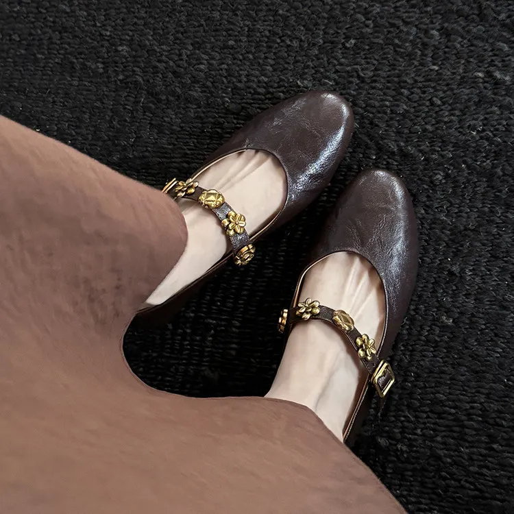 Spring round-toe, low-heeled, flat sheepskin Mary Jane shoes, women's shoes, size 22-4a