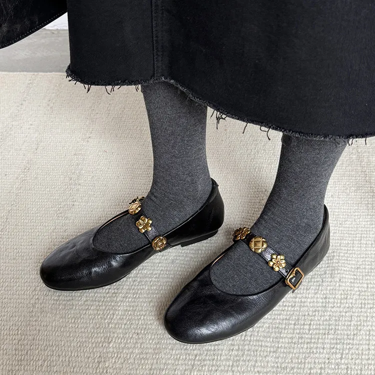 Spring round-toe, low-heeled, flat sheepskin Mary Jane shoes, women's shoes, size 22-4a