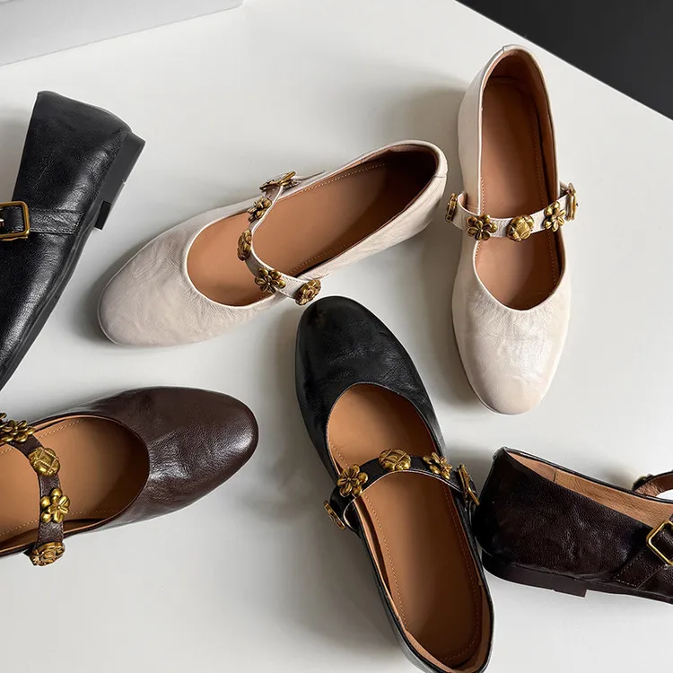 Spring round-toe, low-heeled, flat sheepskin Mary Jane shoes, women's shoes, size 22-4a
