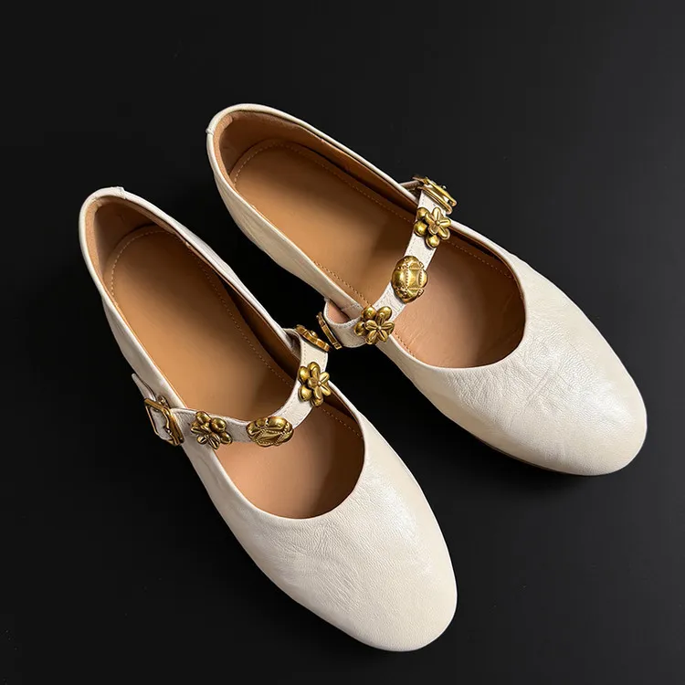 Spring round-toe, low-heeled, flat sheepskin Mary Jane shoes, women's shoes, size 22-4a