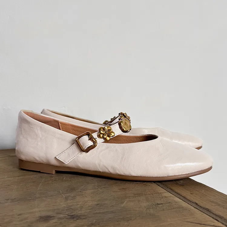 Spring round-toe, low-heeled, flat sheepskin Mary Jane shoes, women's shoes, size 22-4a