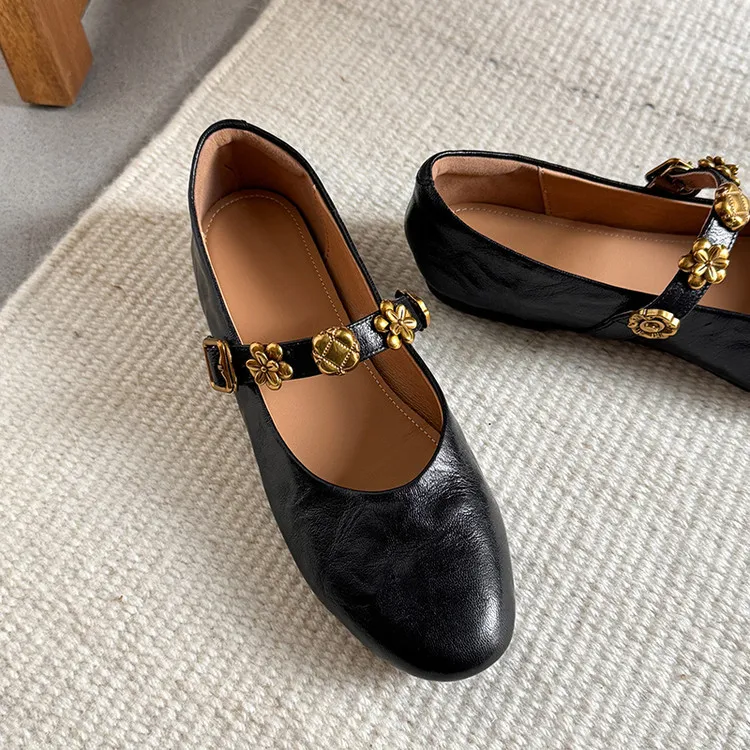 Spring round-toe, low-heeled, flat sheepskin Mary Jane shoes, women's shoes, size 22-4a