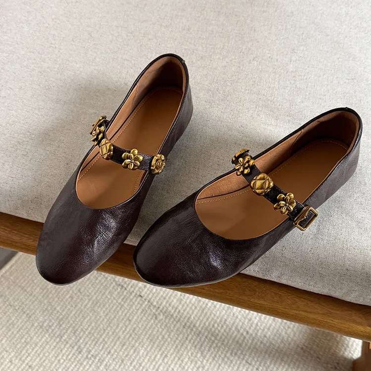 Spring round-toe, low-heeled, flat sheepskin Mary Jane shoes, women's shoes, size 22-4a