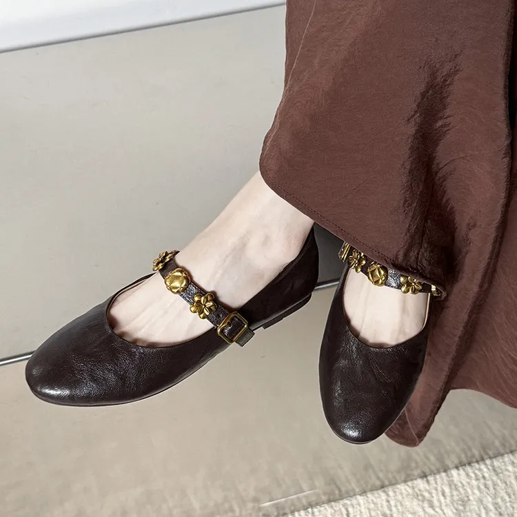 Spring round-toe, low-heeled, flat sheepskin Mary Jane shoes, women's shoes, size 22-4a