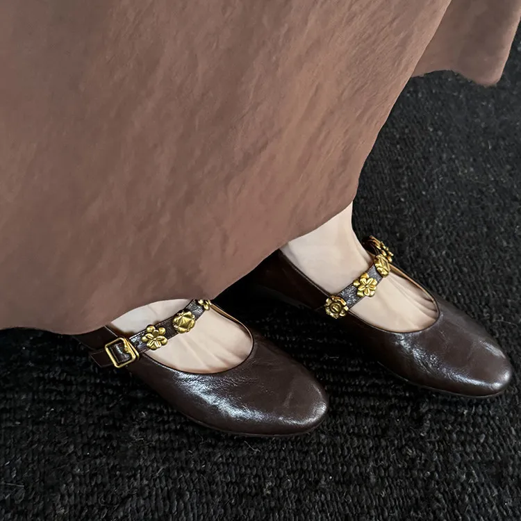 Spring round-toe, low-heeled, flat sheepskin Mary Jane shoes, women's shoes, size 22-4a