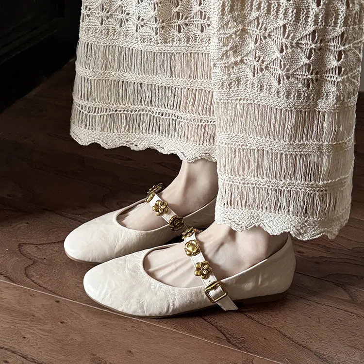 Spring round-toe, low-heeled, flat sheepskin Mary Jane shoes, women's shoes, size 22-4a