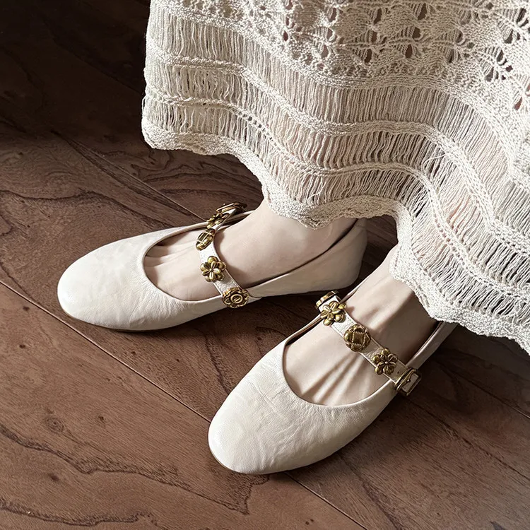 Spring round-toe, low-heeled, flat sheepskin Mary Jane shoes, women's shoes, size 22-4a