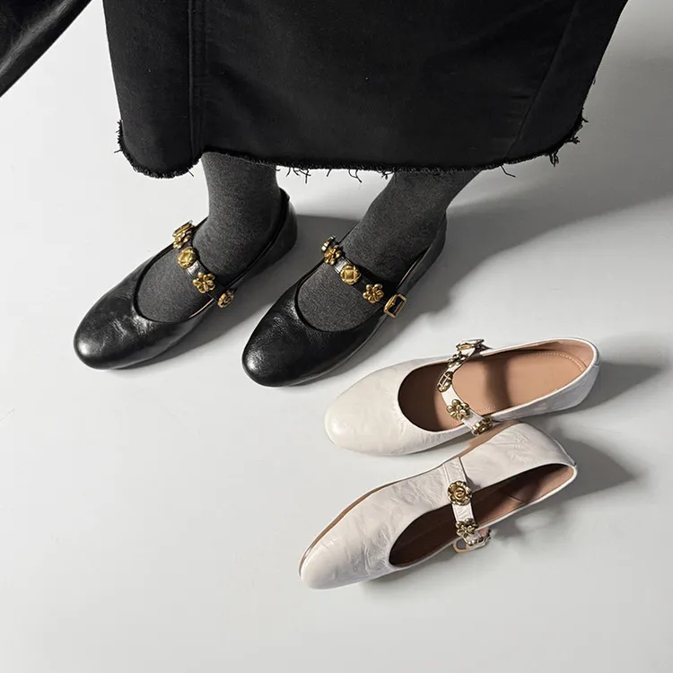 Spring round-toe, low-heeled, flat sheepskin Mary Jane shoes, women's shoes, size 22-4a