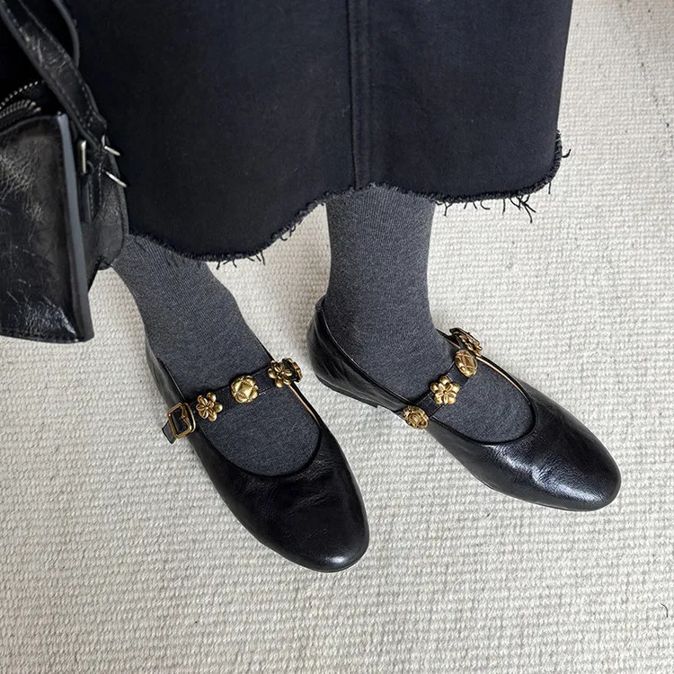 Spring round-toe, low-heeled, flat sheepskin Mary Jane shoes, women's shoes, size 22-4a
