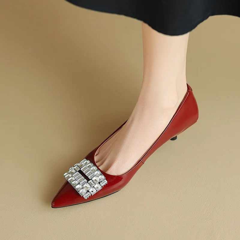 Spring pointed-toe stiletto mid-heel flats with rhinestone square buckle fashion shoes for women