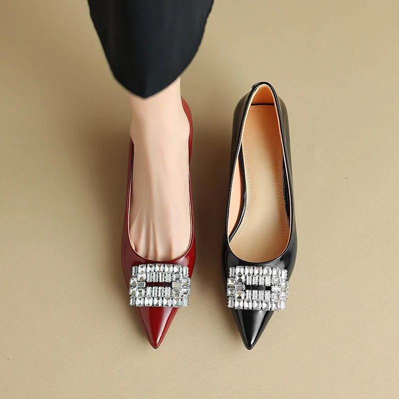 Spring pointed-toe stiletto mid-heel flats with rhinestone square buckle fashion shoes for women