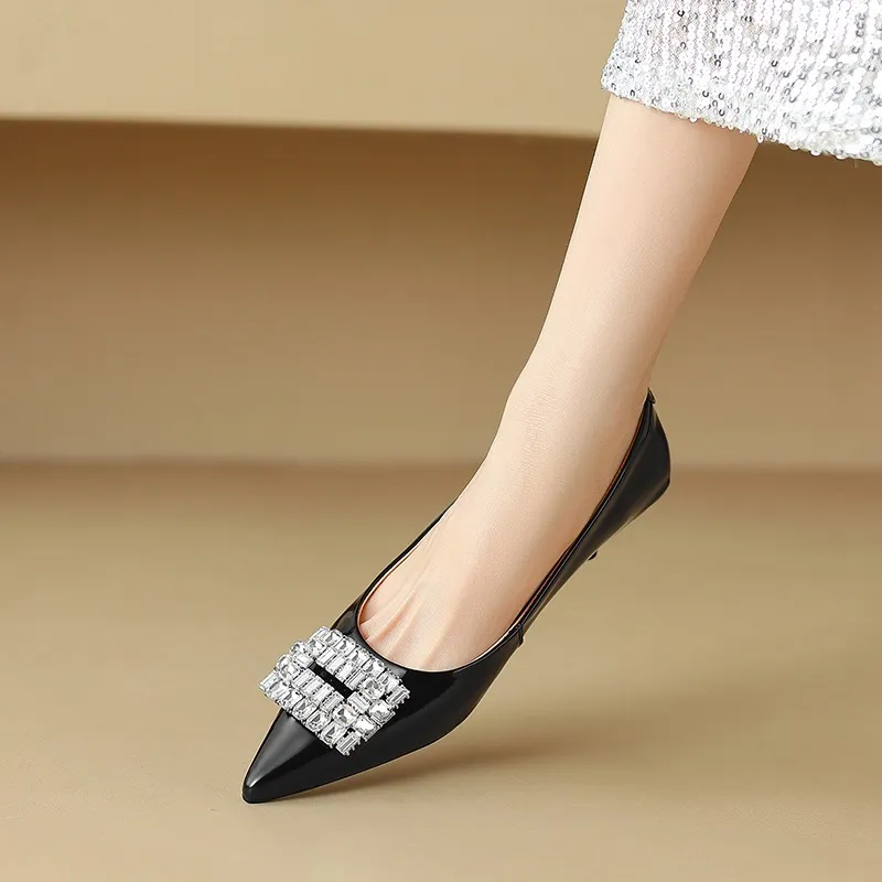 Spring pointed-toe stiletto mid-heel flats with rhinestone square buckle fashion shoes for women
