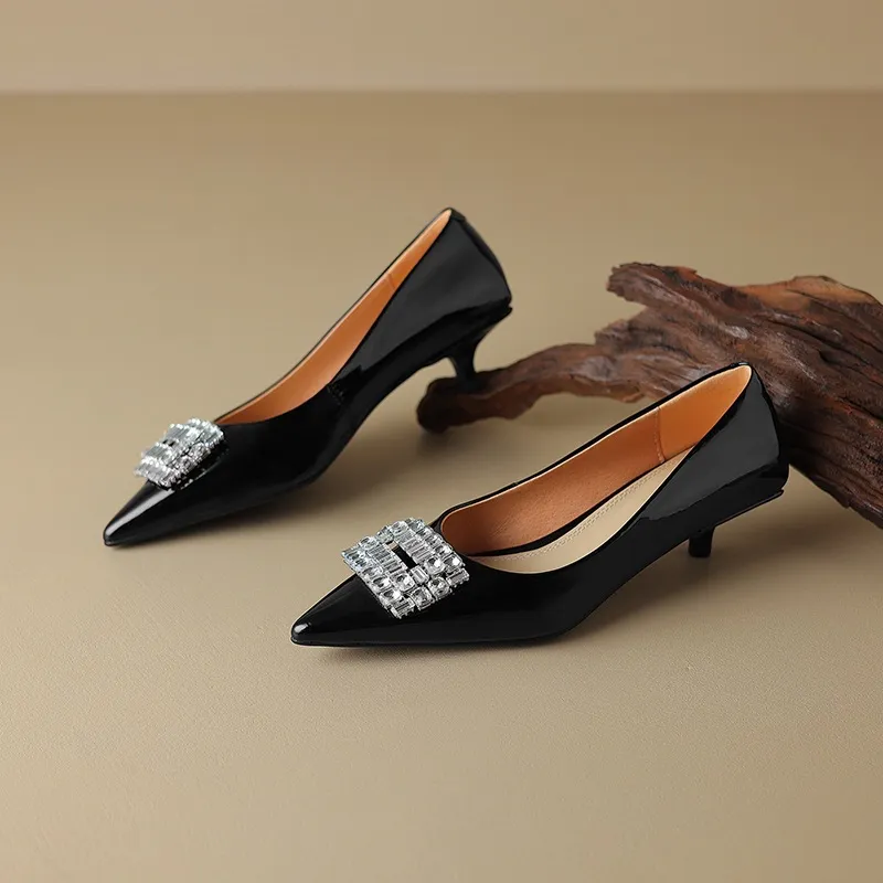 Spring pointed-toe stiletto mid-heel flats with rhinestone square buckle fashion shoes for women