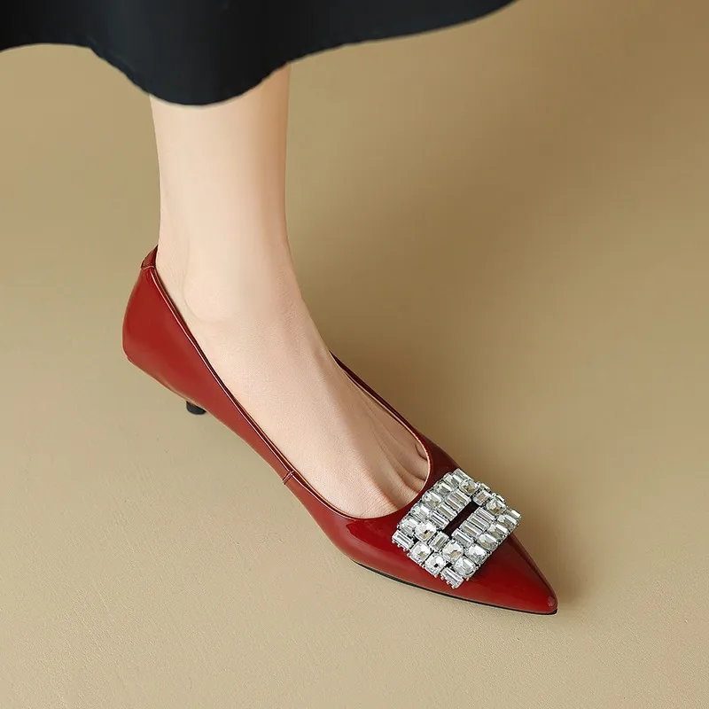 Spring pointed-toe stiletto mid-heel flats with rhinestone square buckle fashion shoes for women