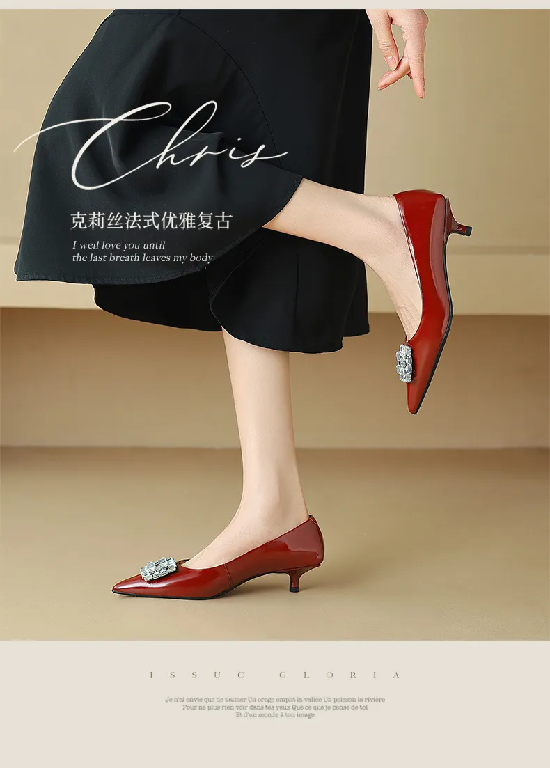 Spring pointed-toe stiletto mid-heel flats with rhinestone square buckle fashion shoes for women