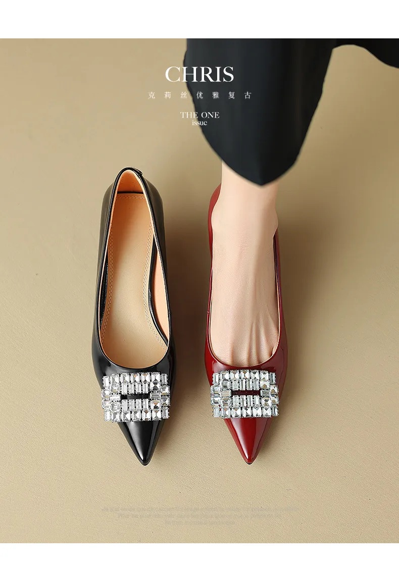 Spring pointed-toe stiletto mid-heel flats with rhinestone square buckle fashion shoes for women