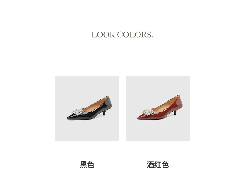Spring pointed-toe stiletto mid-heel flats with rhinestone square buckle fashion shoes for women