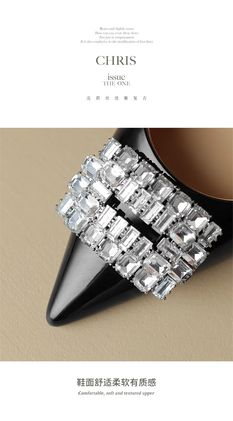 Spring pointed-toe stiletto mid-heel flats with rhinestone square buckle fashion shoes for women