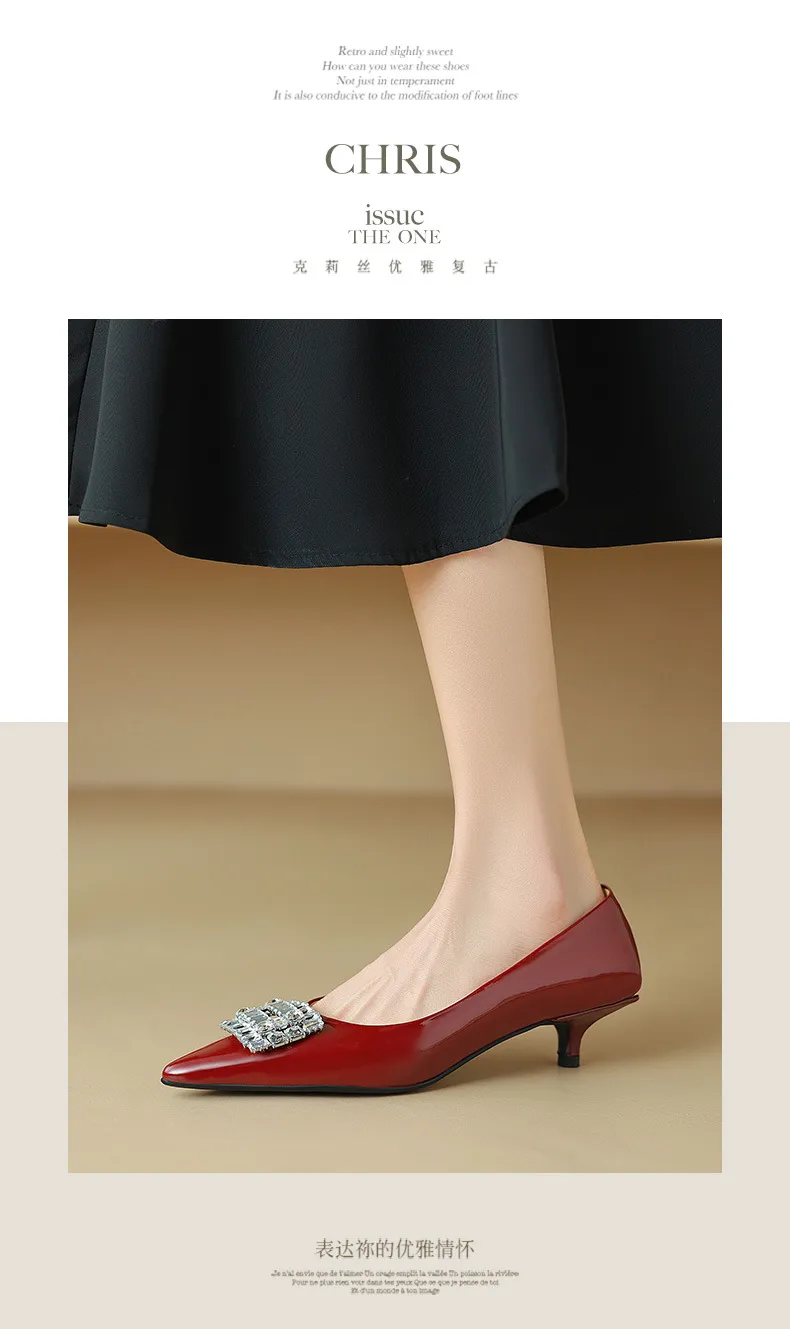 Spring pointed-toe stiletto mid-heel flats with rhinestone square buckle fashion shoes for women