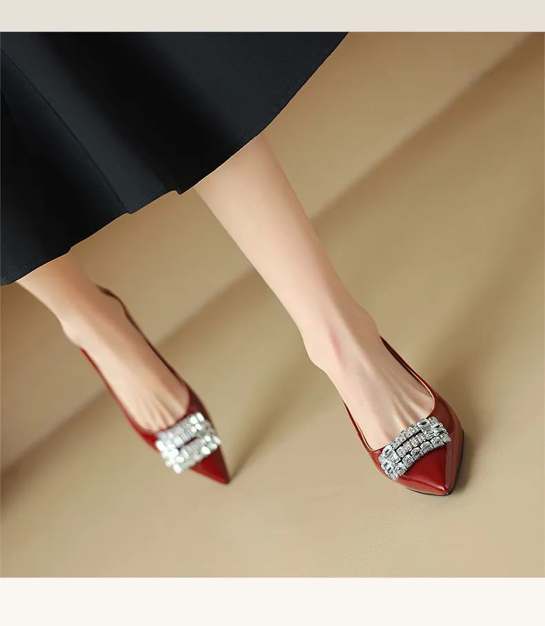 Spring pointed-toe stiletto mid-heel flats with rhinestone square buckle fashion shoes for women