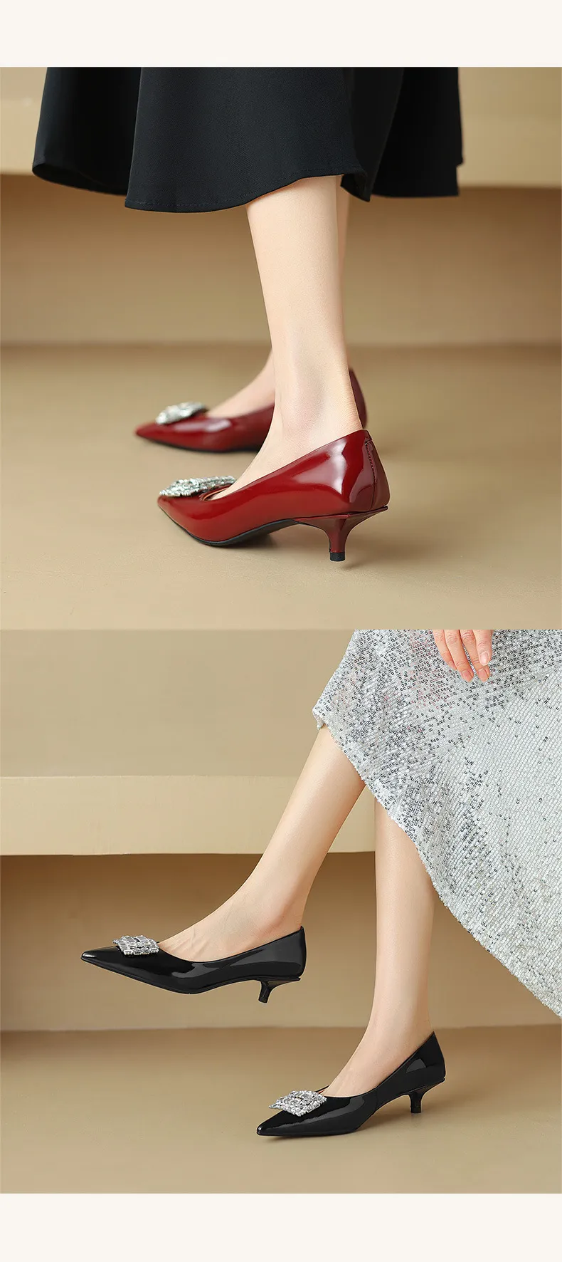Spring pointed-toe stiletto mid-heel flats with rhinestone square buckle fashion shoes for women