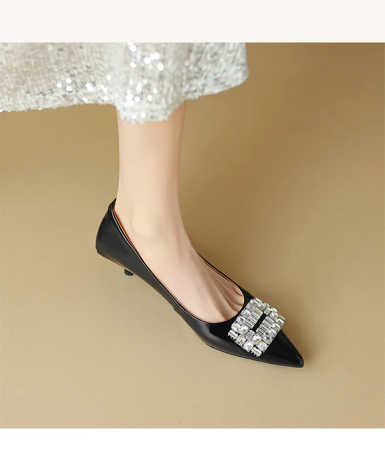 Spring pointed-toe stiletto mid-heel flats with rhinestone square buckle fashion shoes for women