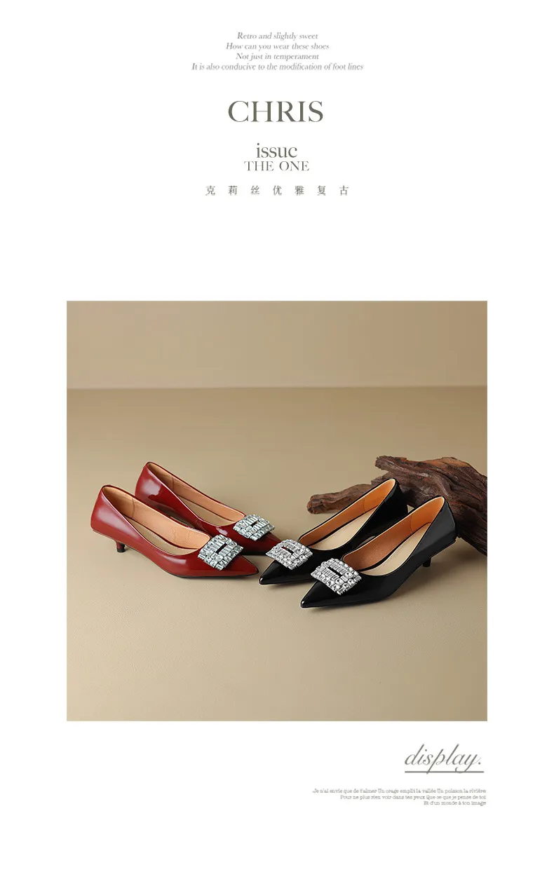 Spring pointed-toe stiletto mid-heel flats with rhinestone square buckle fashion shoes for women