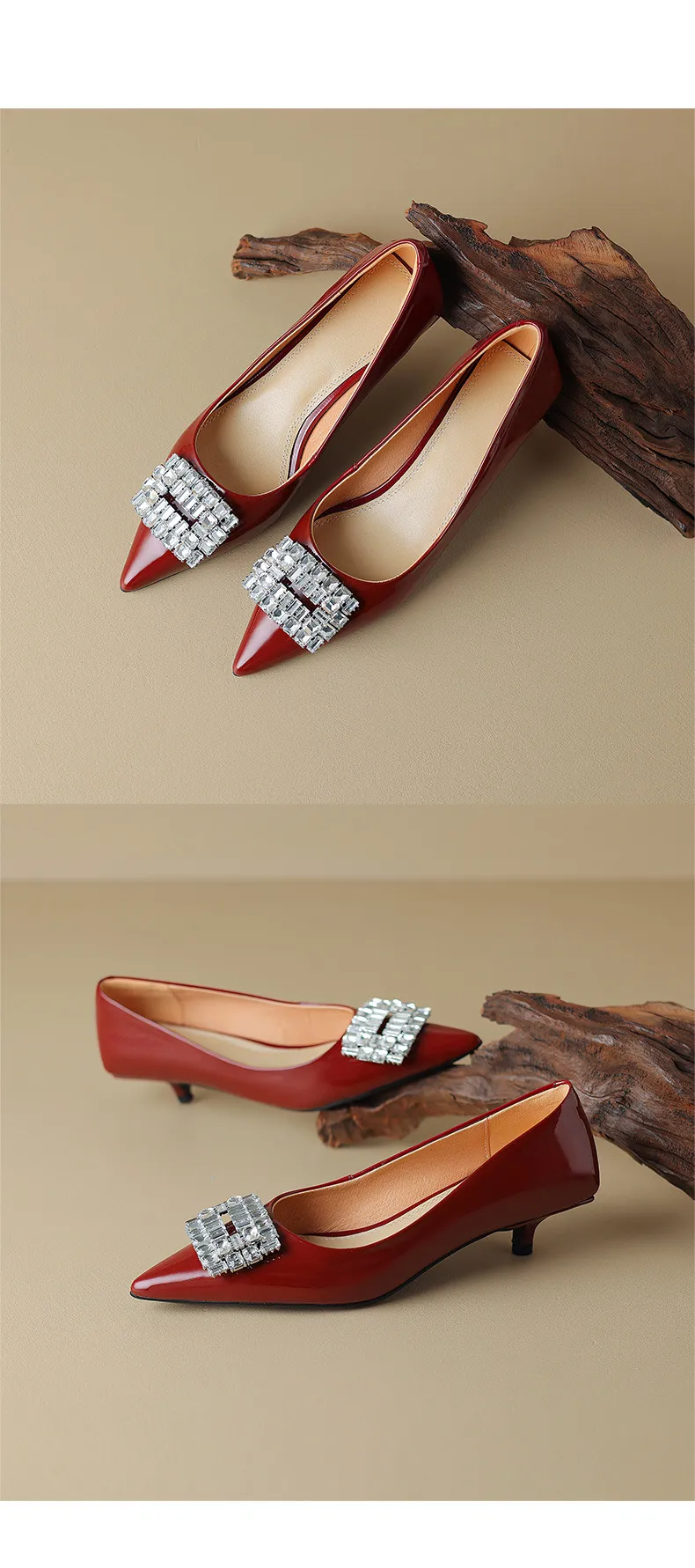 Spring pointed-toe stiletto mid-heel flats with rhinestone square buckle fashion shoes for women