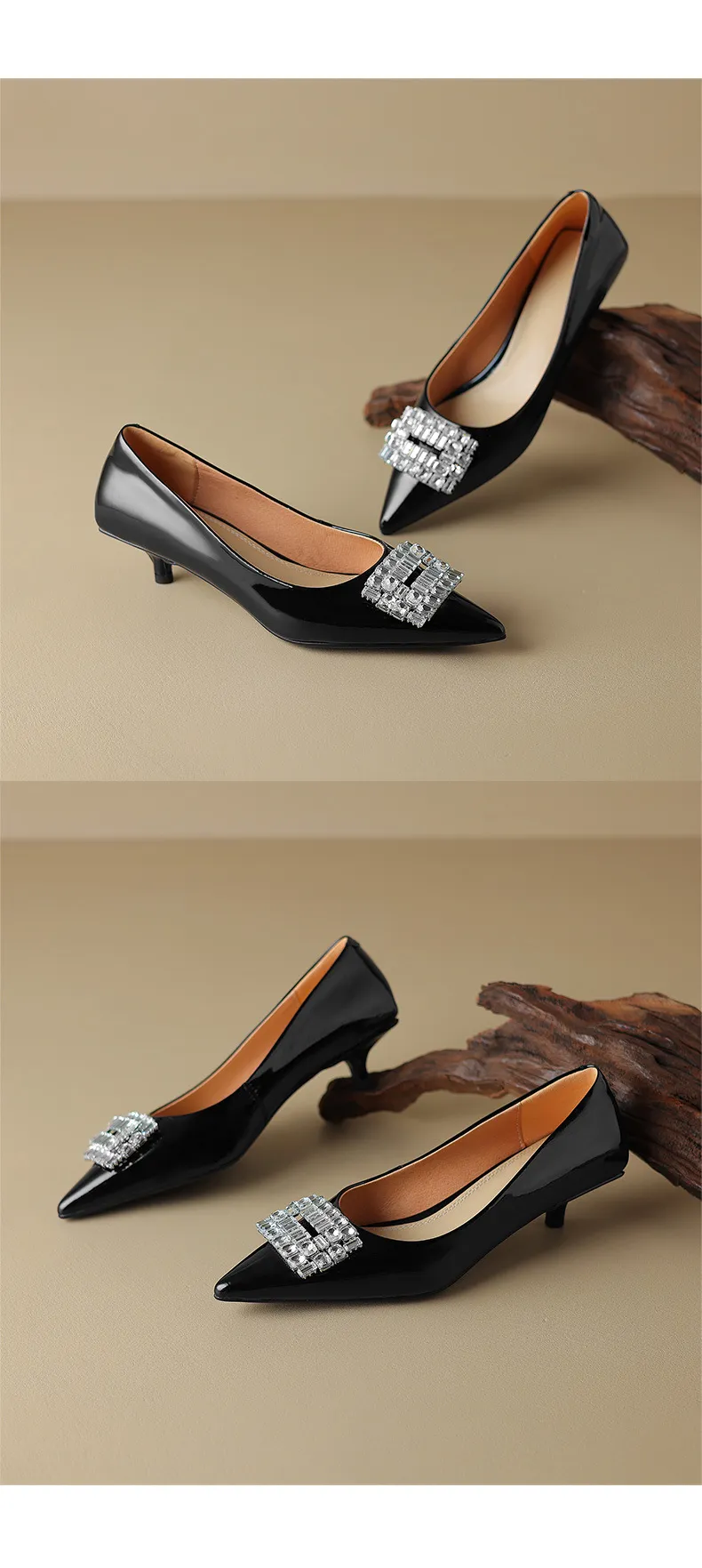 Spring pointed-toe stiletto mid-heel flats with rhinestone square buckle fashion shoes for women