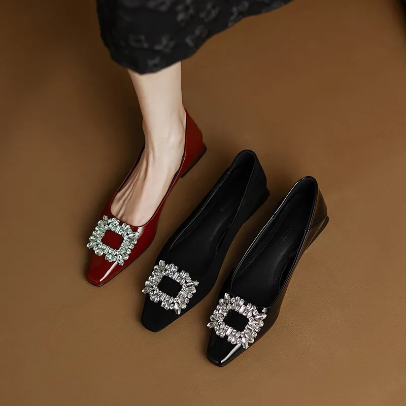 Fashionable Spring Square Toe Low-Cut Slip-On Women's Shoes with Rhinestone Buckle and Chunky Heel