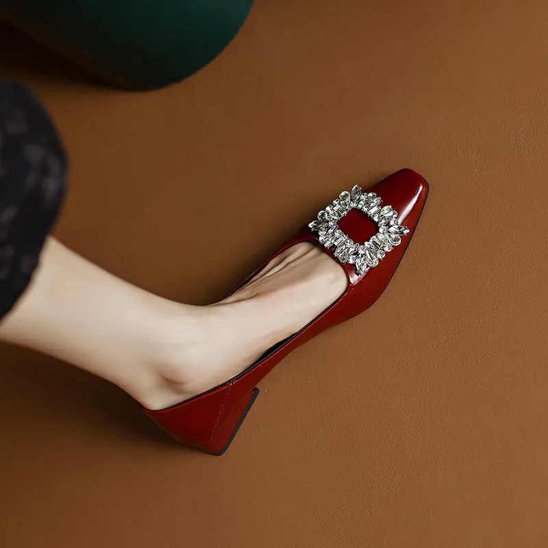 Fashionable Spring Square Toe Low-Cut Slip-On Women's Shoes with Rhinestone Buckle and Chunky Heel