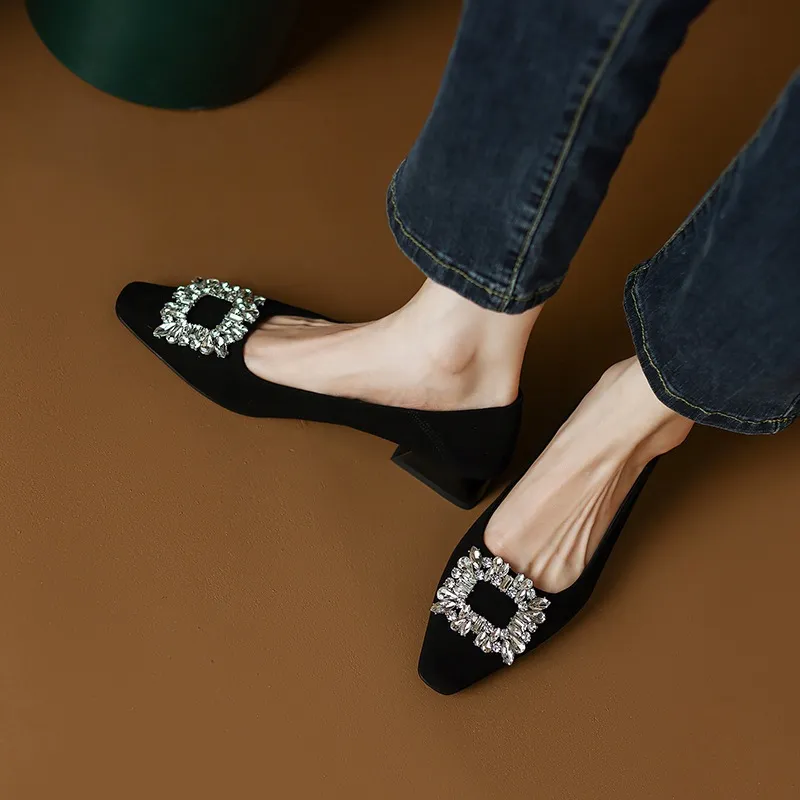 Fashionable Spring Square Toe Low-Cut Slip-On Women's Shoes with Rhinestone Buckle and Chunky Heel