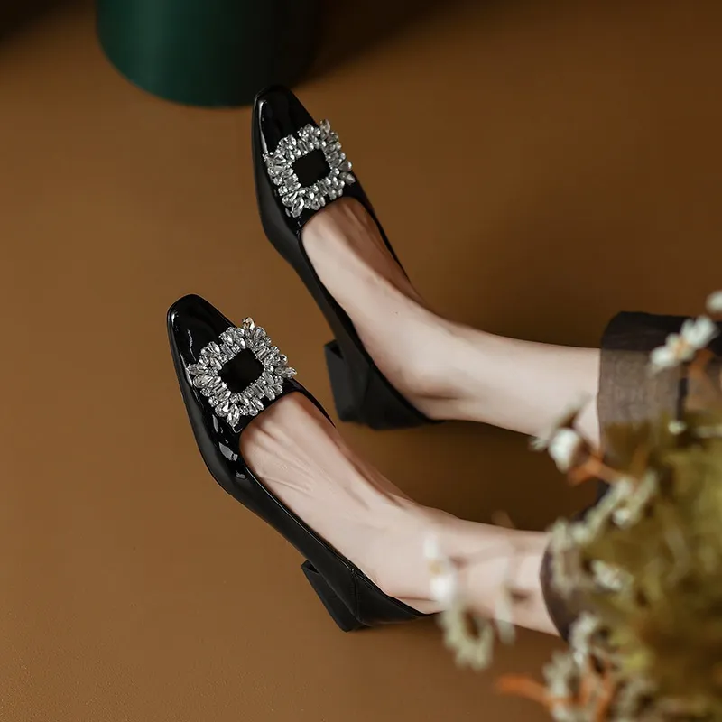 Fashionable Spring Square Toe Low-Cut Slip-On Women's Shoes with Rhinestone Buckle and Chunky Heel