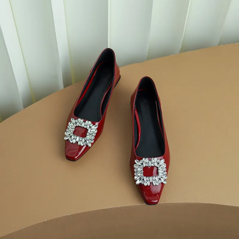 Fashionable Spring Square Toe Low-Cut Slip-On Women's Shoes with Rhinestone Buckle and Chunky Heel