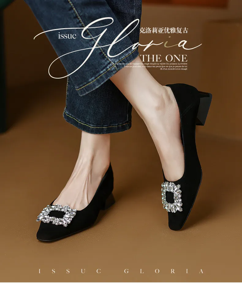 Fashionable Spring Square Toe Low-Cut Slip-On Women's Shoes with Rhinestone Buckle and Chunky Heel