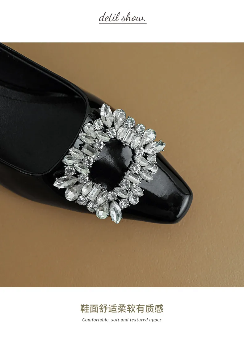 Fashionable Spring Square Toe Low-Cut Slip-On Women's Shoes with Rhinestone Buckle and Chunky Heel