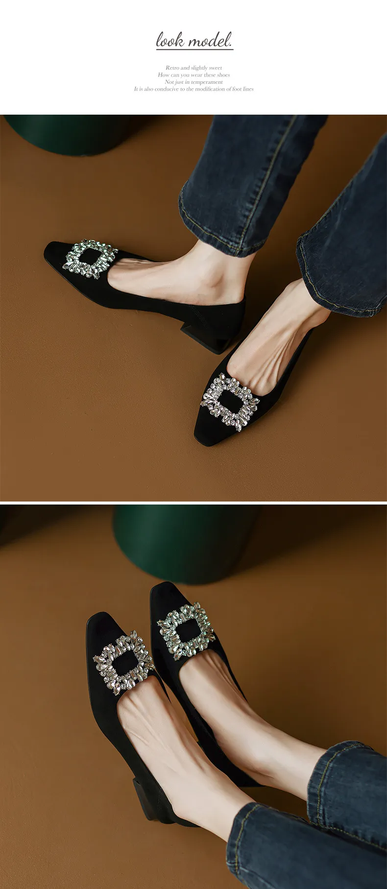 Fashionable Spring Square Toe Low-Cut Slip-On Women's Shoes with Rhinestone Buckle and Chunky Heel