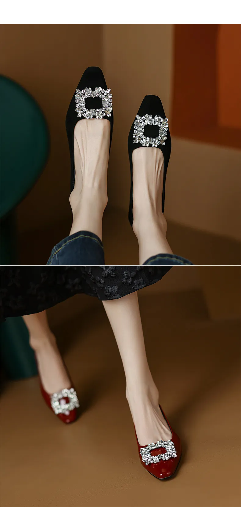 Fashionable Spring Square Toe Low-Cut Slip-On Women's Shoes with Rhinestone Buckle and Chunky Heel