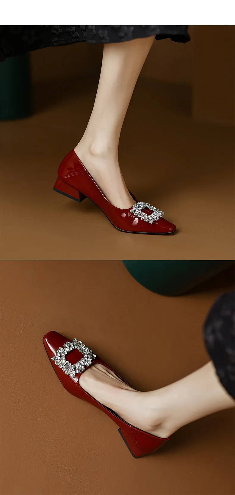 Fashionable Spring Square Toe Low-Cut Slip-On Women's Shoes with Rhinestone Buckle and Chunky Heel