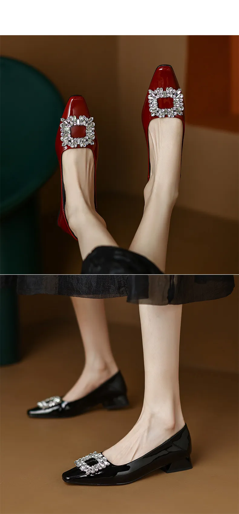 Fashionable Spring Square Toe Low-Cut Slip-On Women's Shoes with Rhinestone Buckle and Chunky Heel