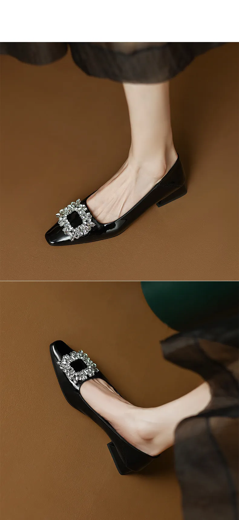 Fashionable Spring Square Toe Low-Cut Slip-On Women's Shoes with Rhinestone Buckle and Chunky Heel