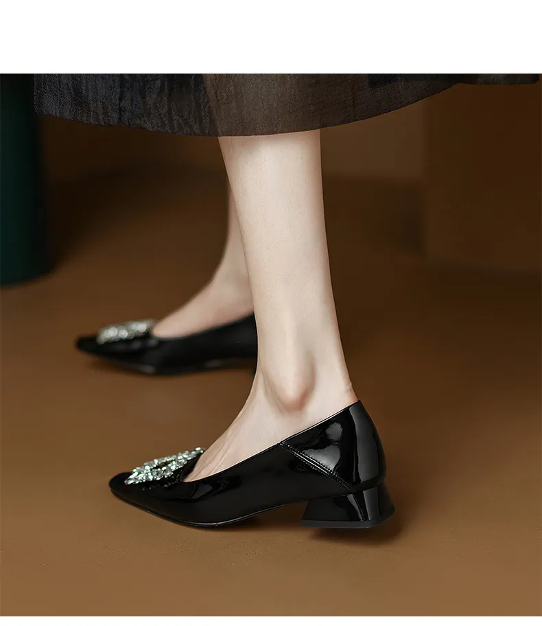 Fashionable Spring Square Toe Low-Cut Slip-On Women's Shoes with Rhinestone Buckle and Chunky Heel
