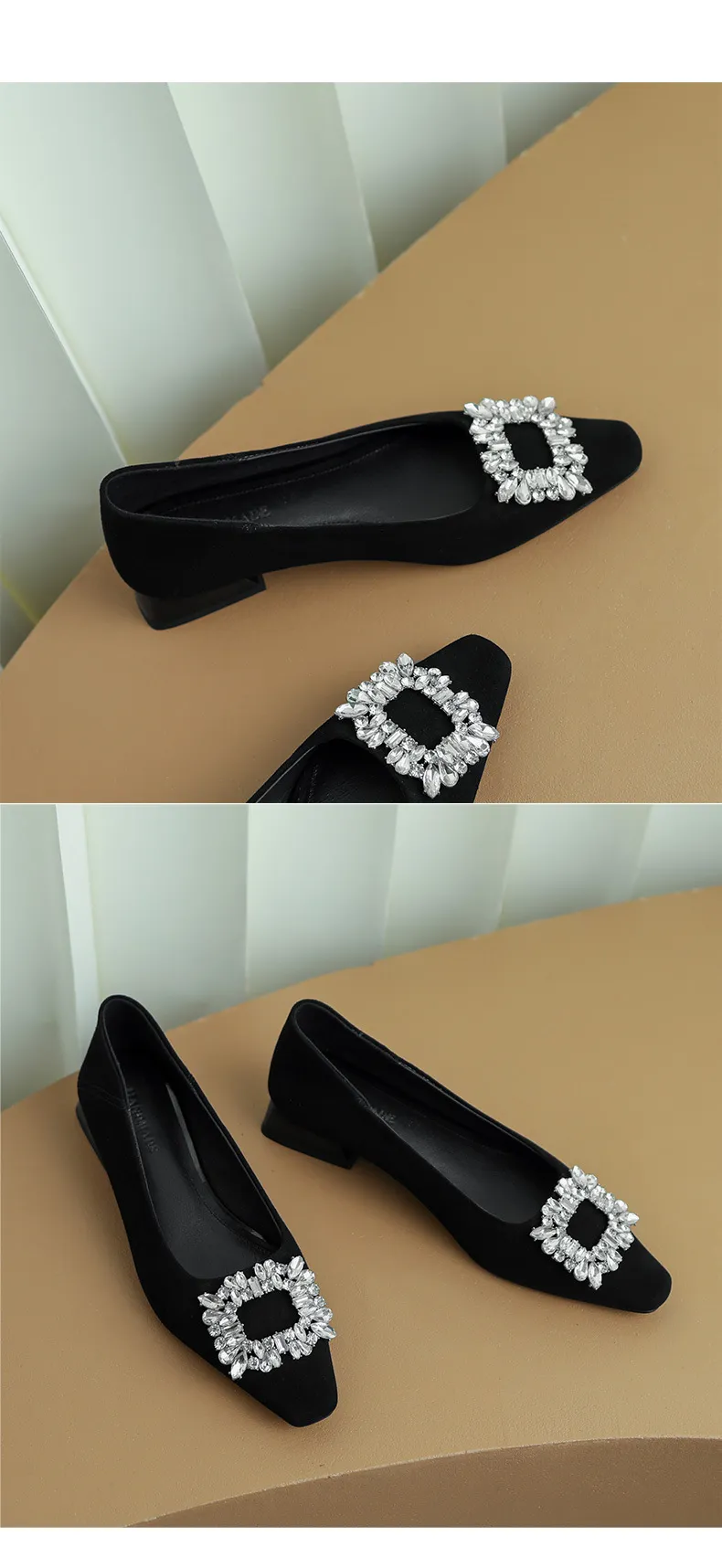 Fashionable Spring Square Toe Low-Cut Slip-On Women's Shoes with Rhinestone Buckle and Chunky Heel