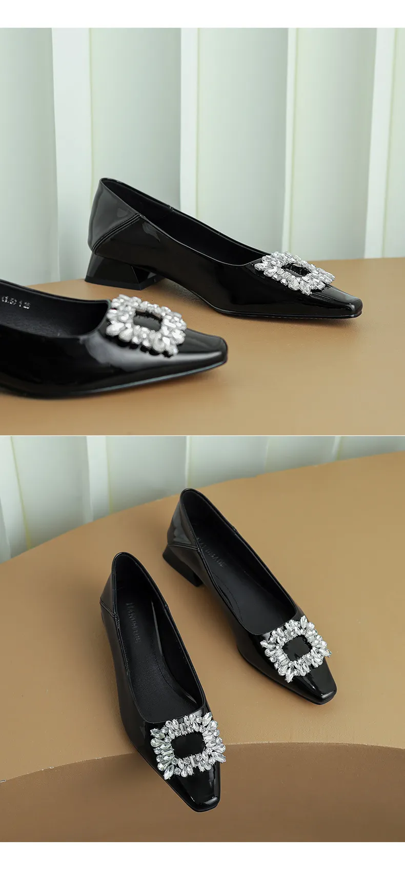 Fashionable Spring Square Toe Low-Cut Slip-On Women's Shoes with Rhinestone Buckle and Chunky Heel