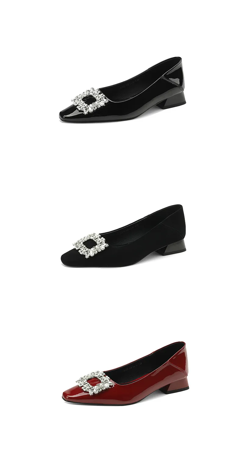 Fashionable Spring Square Toe Low-Cut Slip-On Women's Shoes with Rhinestone Buckle and Chunky Heel