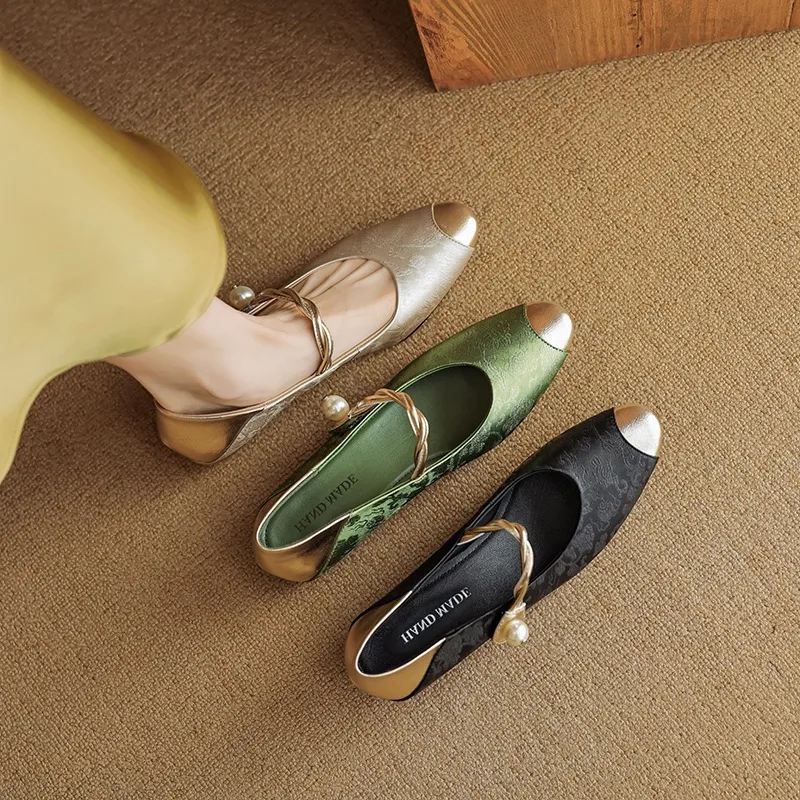 Chinese style fashionable single-strap spring chunky heel mid-heel round toe cowhide low-cut color-block fashion women's shoes